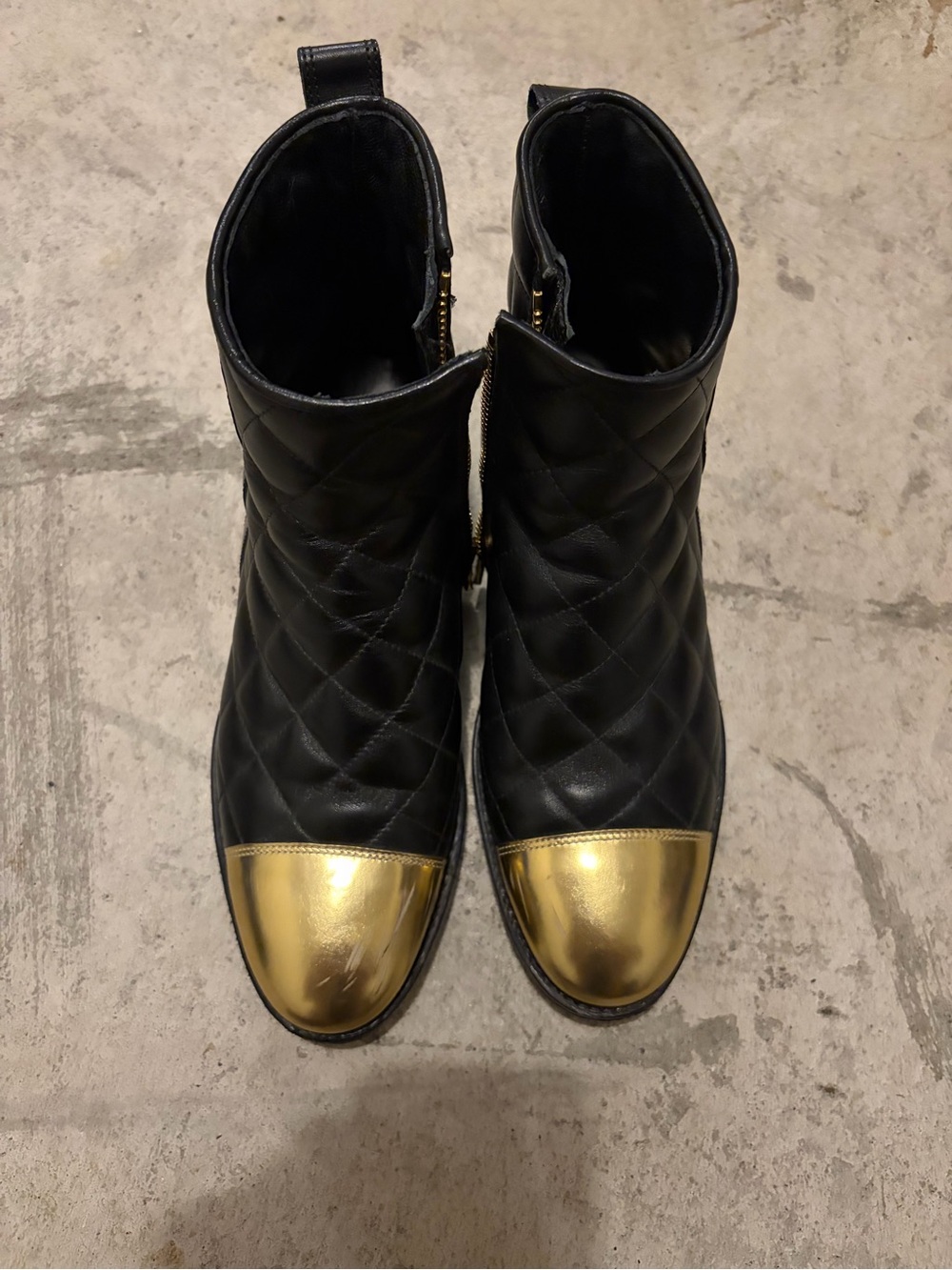 Balmain Black Quilted Leather Ankle Boots with Gold Cap Toe image 3